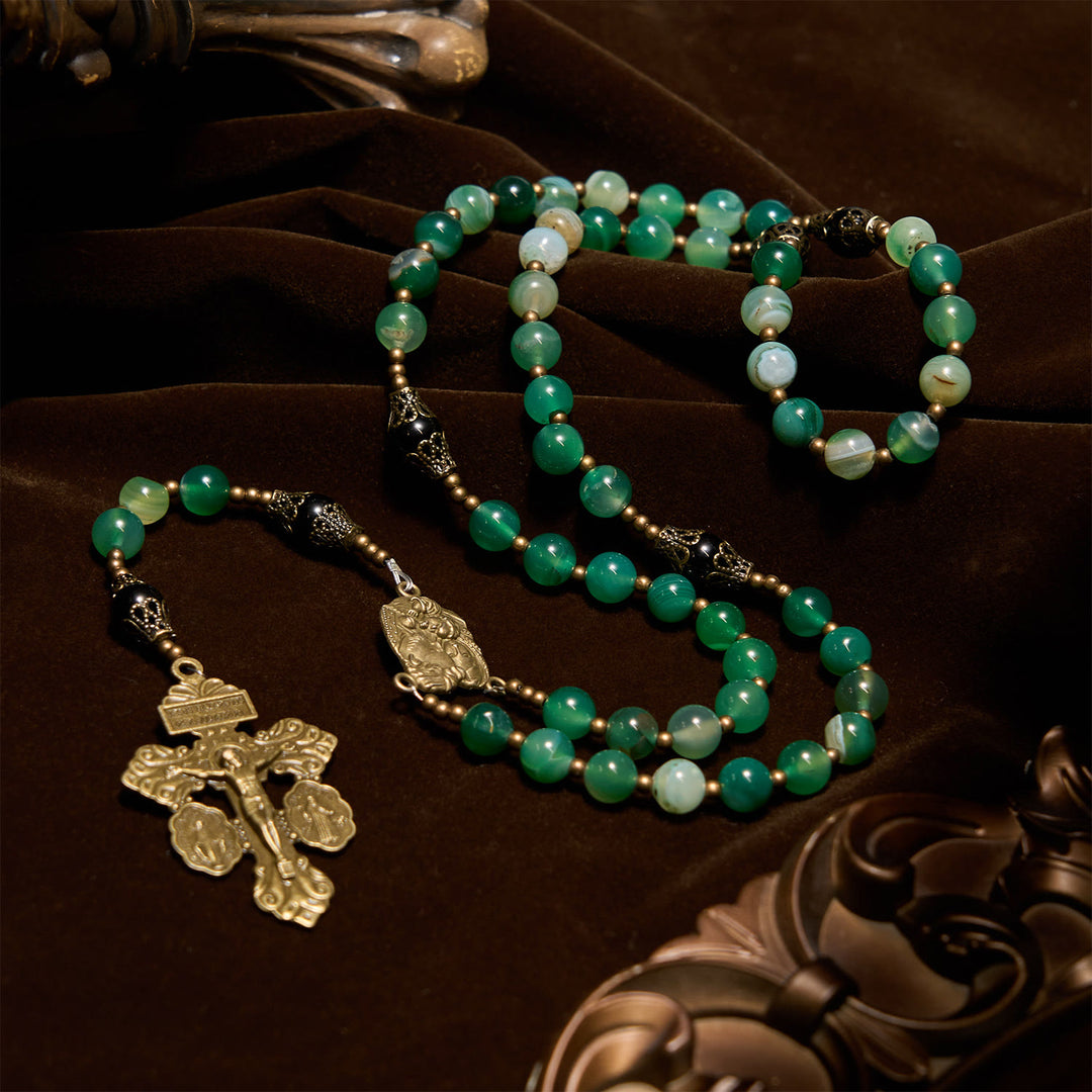 Christianartworkshop GEBETSVOLLER GLAUBE: Handgefertigter, exquisiter Rosenkranz aus grünem Achat mit Geschenkkarte - image 5
