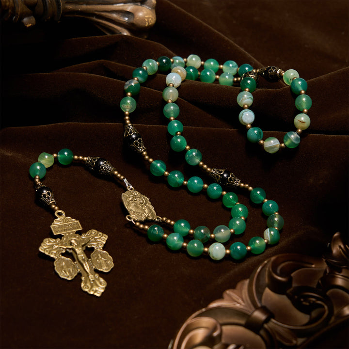 Christianartworkshop GEBETSVOLLER GLAUBE: Handgefertigter, exquisiter Rosenkranz aus grünem Achat mit Geschenkkarte - image 5