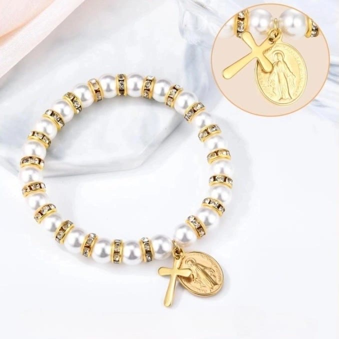 Christianartworkshop Modernes Perlenarmband mit goldener Wundertätiger Medaille & Segenskarte: Opulente Kommunion - image 4