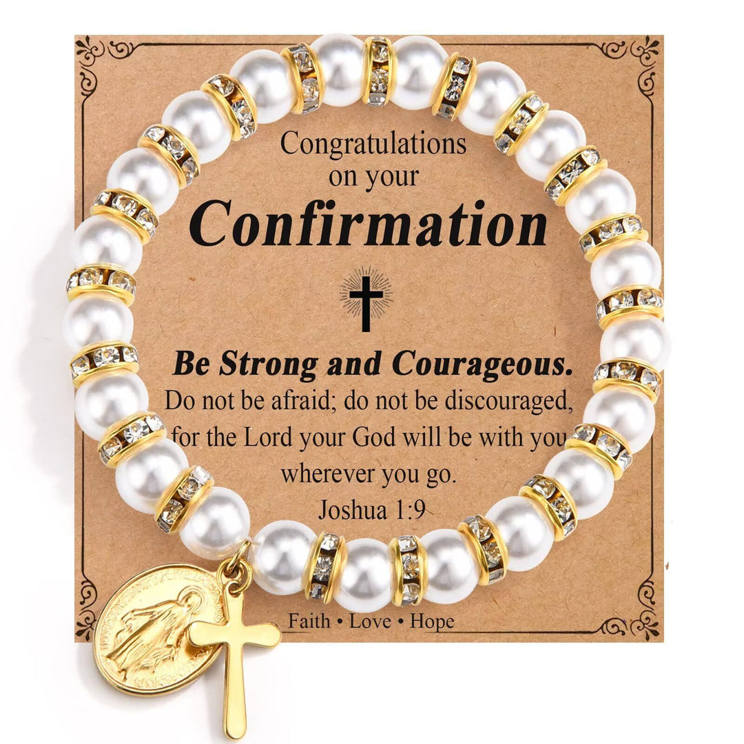 Christianartworkshop Modernes Perlenarmband mit goldener Wundertätiger Medaille & Segenskarte: Opulente Kommunion - Bestätigung - image 1