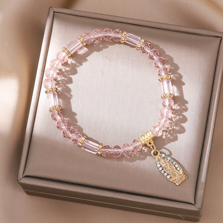 Romantisches, mehrfarbiges Armband aus klarem Kristall von Christianartworkshop mit goldener und diamantbesetzter Wundermedaille - Rosa - image 0