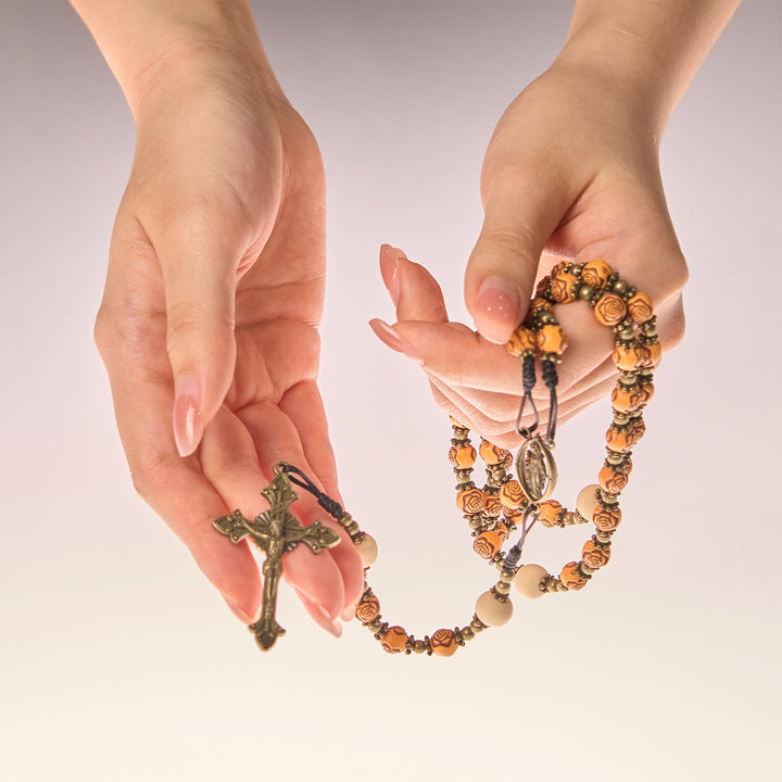 Christianartworkshop Exquisite Rosenperlen aus Holz mit bronzenem Kruzifix und Wundertätiger Medaille, Rosenkranz - image 11