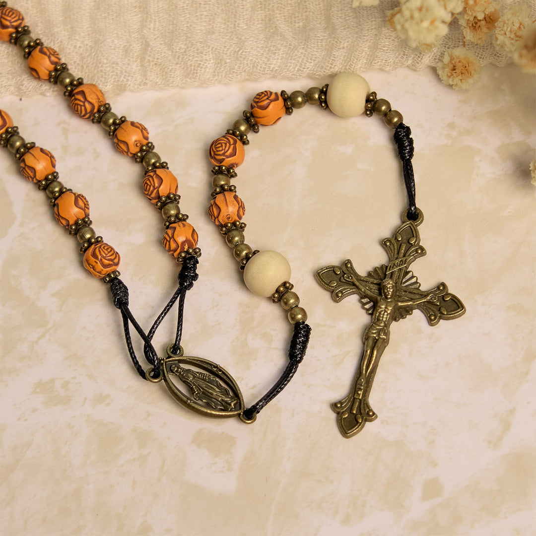 Christianartworkshop Exquisite Rosenperlen aus Holz mit bronzenem Kruzifix und Wundertätiger Medaille, Rosenkranz - image 9