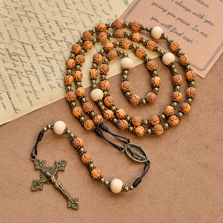 Christianartworkshop Exquisite Rosenperlen aus Holz mit bronzenem Kruzifix und Wundertätiger Medaille, Rosenkranz - image 8