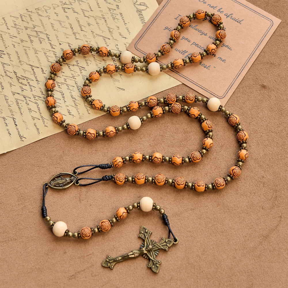 Christianartworkshop Exquisite Rosenperlen aus Holz mit bronzenem Kruzifix und Wundertätiger Medaille, Rosenkranz - image 2