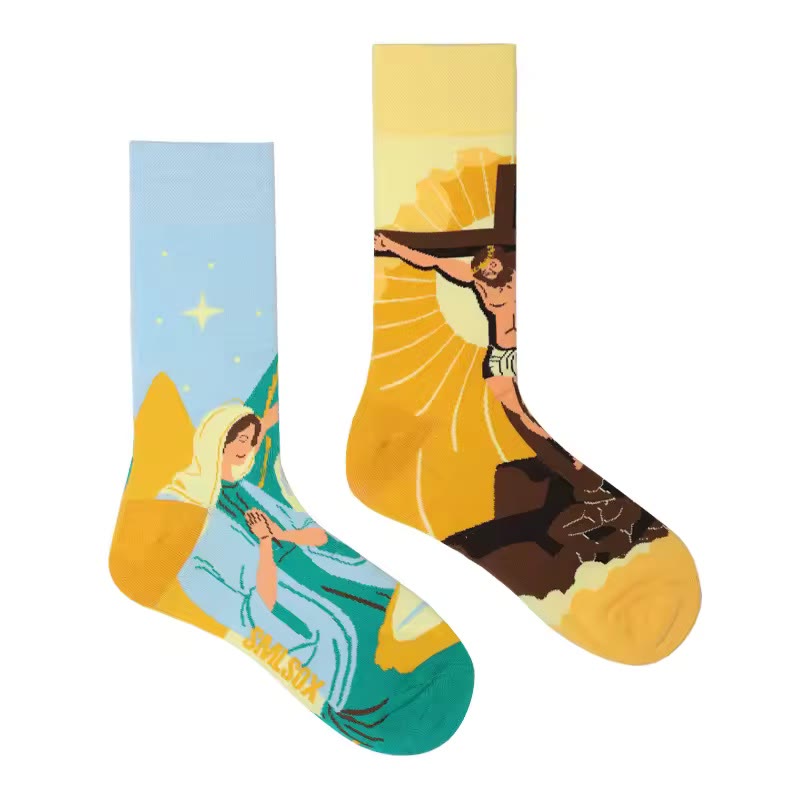 Christianartworkshop Weihnachtskrippe & Kruzifix in bunten, heiligen christlichen Unisex-Socken: Bunte Erzählungen des Glaubens - image 2