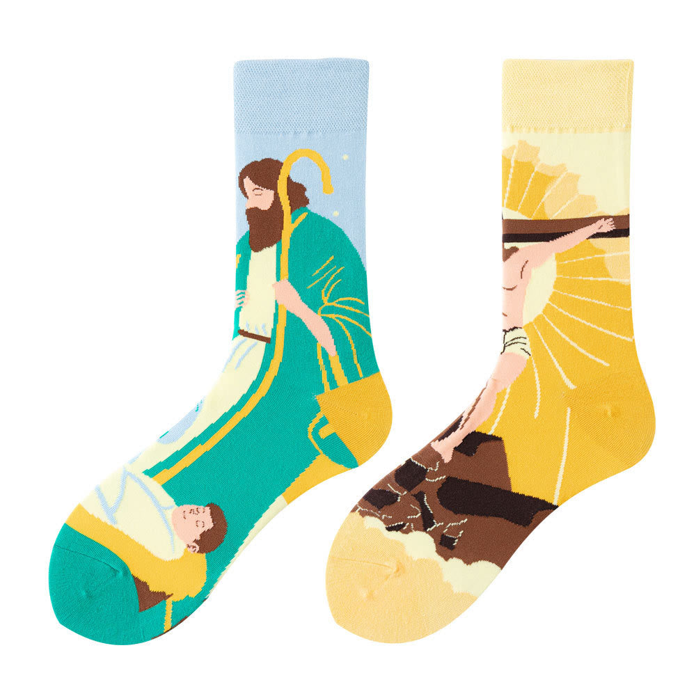 Christianartworkshop Weihnachtskrippe & Kruzifix in bunten, heiligen christlichen Unisex-Socken: Bunte Erzählungen des Glaubens - Einheitsgröße (EU 36–46 / US 4–13) - 10 Paare - image 1