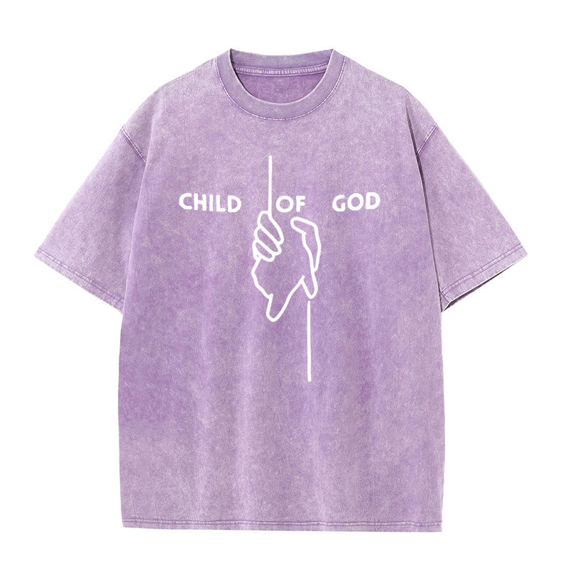 Christianartworkshop Künstlerisches Kind Gottes Unisex gewaschenes T-Shirt: Hand - Kreuz-Design und ewiger Glaube - Lila - 5XL - image 8