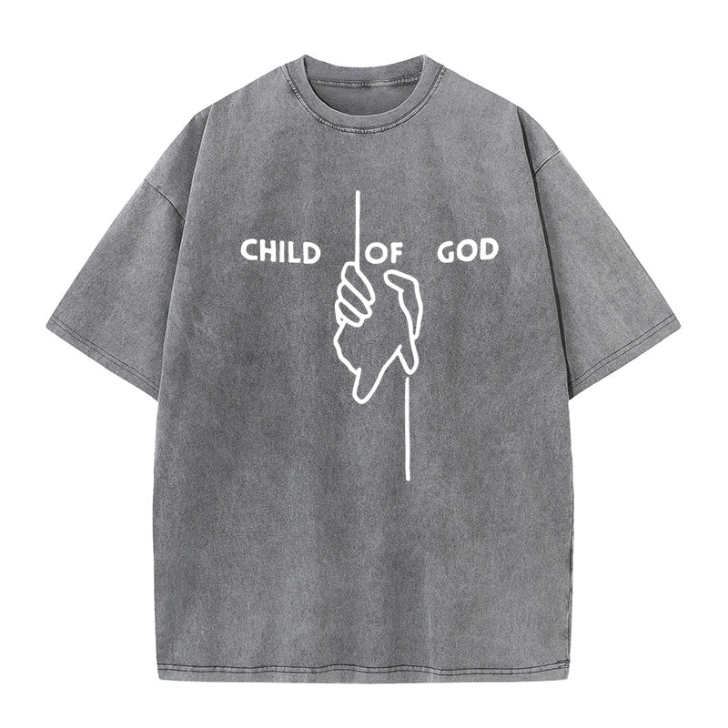 Christianartworkshop Künstlerisches Kind Gottes Unisex gewaschenes T-Shirt: Hand - Kreuz-Design und ewiger Glaube - Grau - 5XL - image 6