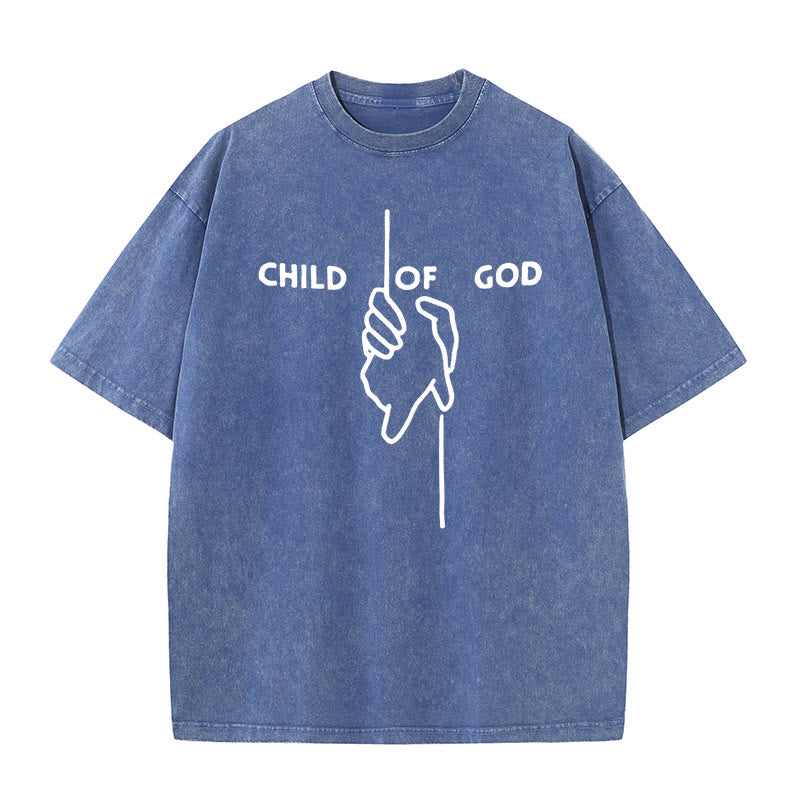 Christianartworkshop Künstlerisches Kind Gottes Unisex gewaschenes T-Shirt: Hand - Kreuz-Design und ewiger Glaube - Blau - 5XL - image 7