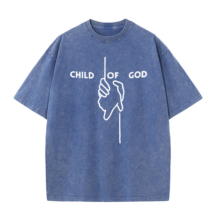 Christianartworkshop Künstlerisches Kind Gottes Unisex gewaschenes T-Shirt: Hand - Kreuz-Design und ewiger Glaube - Blau - 5XL - image 6