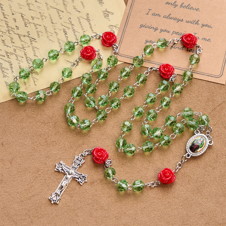Christianartworkshop Handgefertigte Blumenkristallperlen und Kruzifix mit Rosenkranz-Medaille der Jungfrau Maria: Blüte der Gnade und Eleganz - Kristall & Blume - image 0