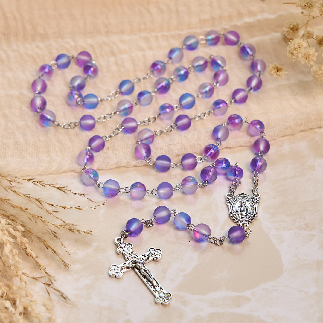 Christianartworkshop Rosenkranz aus mattierten blauen und violetten Glasperlen, verziert mit einer Wundertätigen Medaille: Hingabe in strukturierter Form - Blau & Lila - image 1