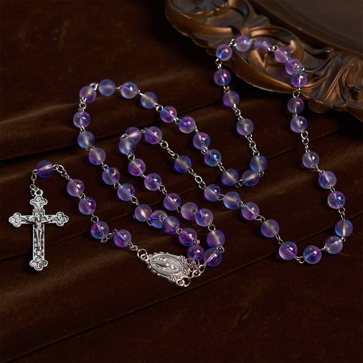 Christianartworkshop Rosenkranz aus mattierten blauen und violetten Glasperlen, verziert mit einer Wundertätigen Medaille: Hingabe in strukturierter Form - image 5