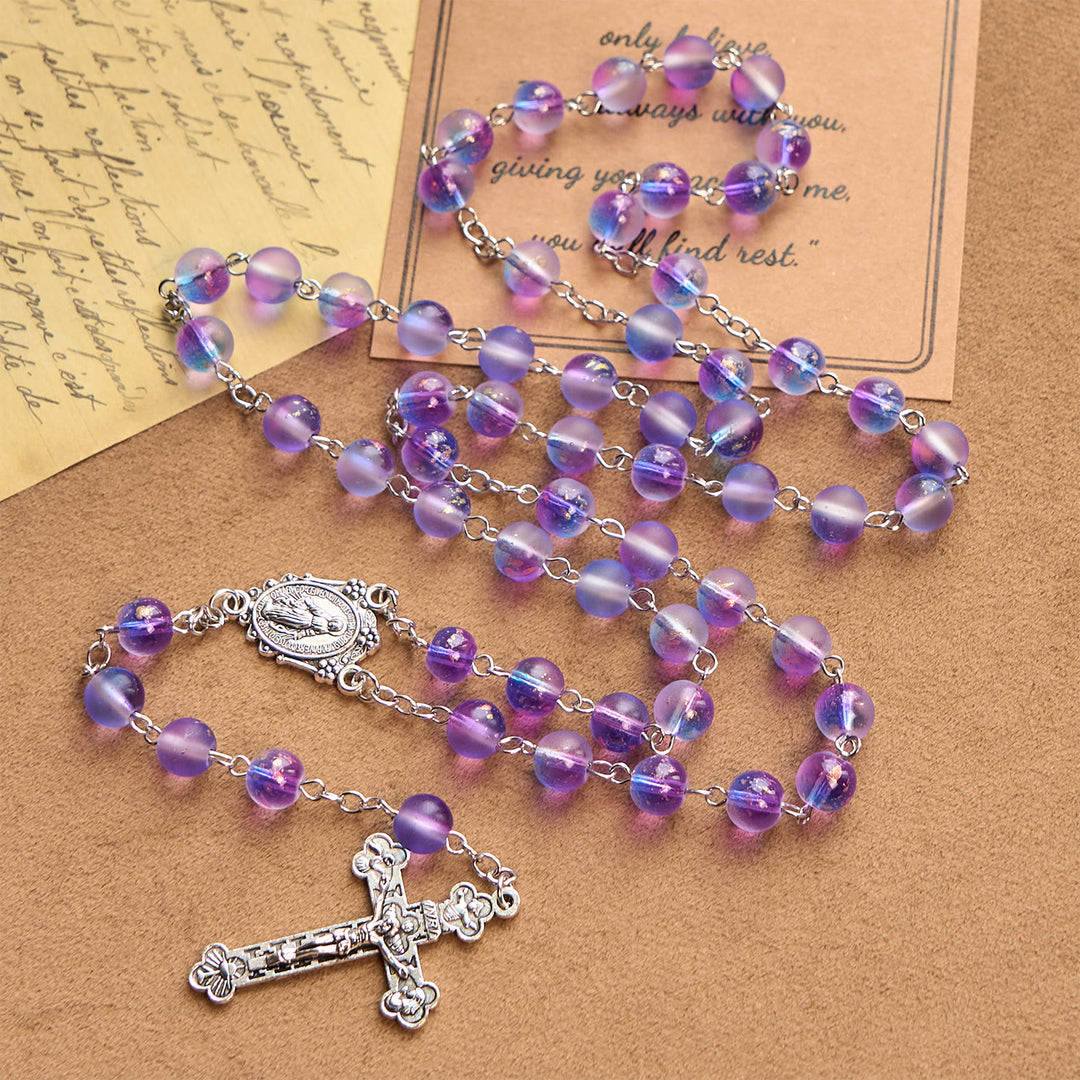 Christianartworkshop Rosenkranz aus mattierten blauen und violetten Glasperlen, verziert mit einer Wundertätigen Medaille: Hingabe in strukturierter Form - image 6