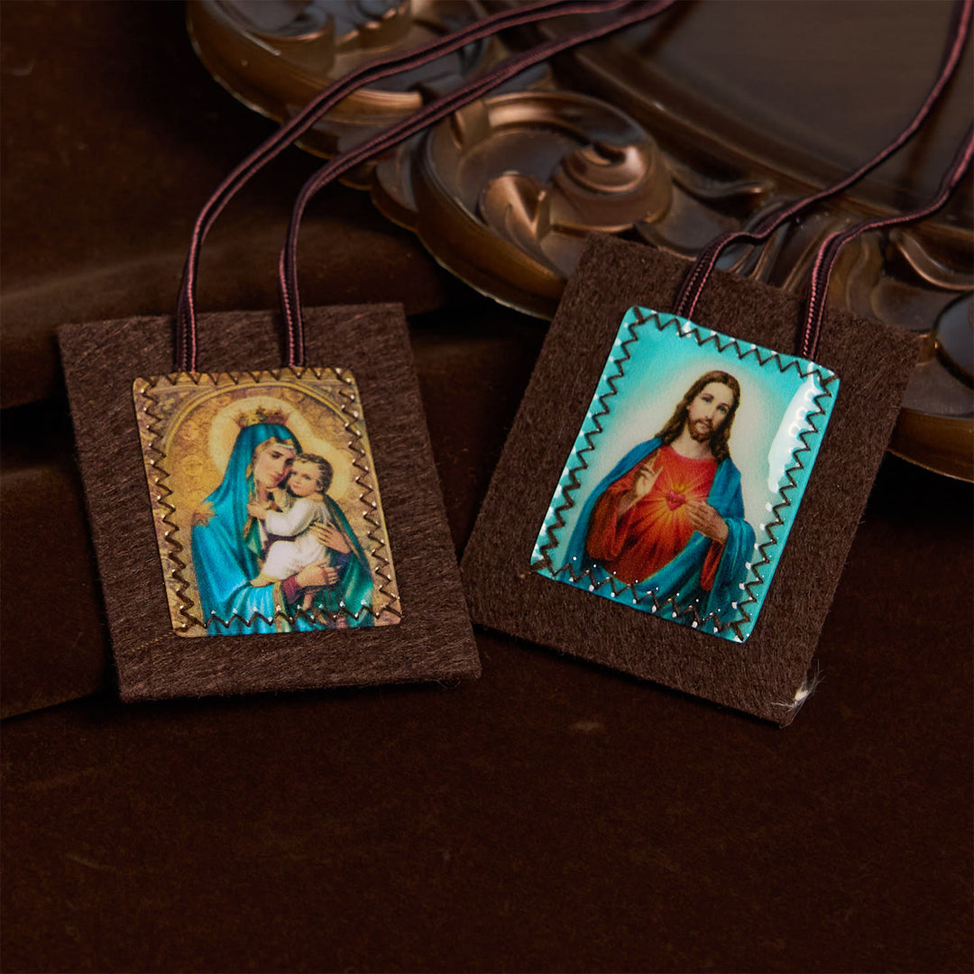 Christianartworkshop Gesegnetes Skapulier aus brauner Wolle Unserer Lieben Frau vom Berg Karmel und des Heiligen Herzens: Einzigartige spirituelle Verbindung - Skapulier - image 1