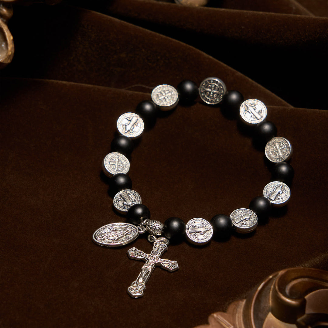 Christianartworkshop Armband aus natürlichem schwarzem Achat mit St. Benedikt-Medaille und Jungfrau Maria-Anhänger: Divine Faith Artistry - image 3