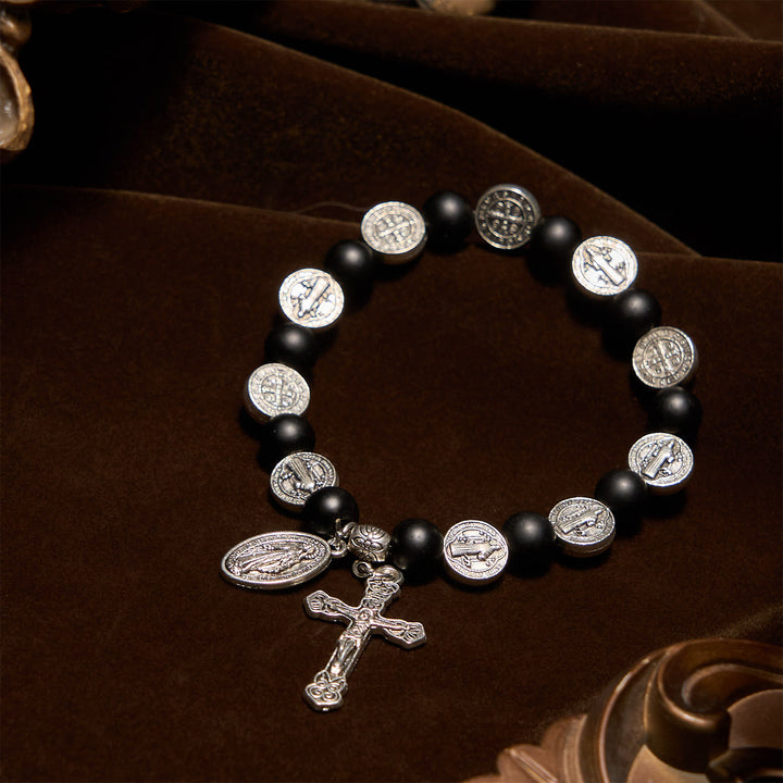 Christianartworkshop Armband aus natürlichem schwarzem Achat mit St. Benedikt-Medaille und Jungfrau Maria-Anhänger: Divine Faith Artistry - image 3