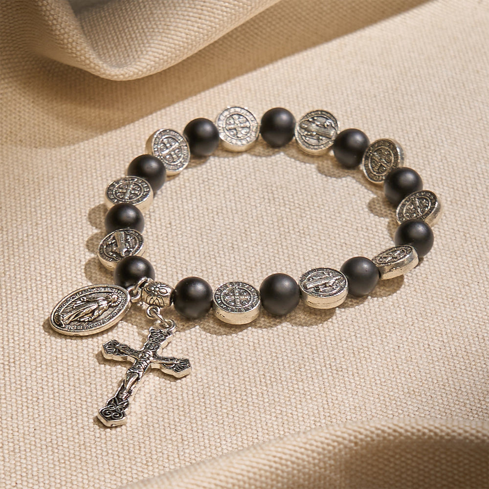 Armband aus natürlichem schwarzem Achat von Christianartworkshop mit St.-Benedikt-Medaille und Anhänger der Jungfrau Maria: Divine Faith Artistry - image 1