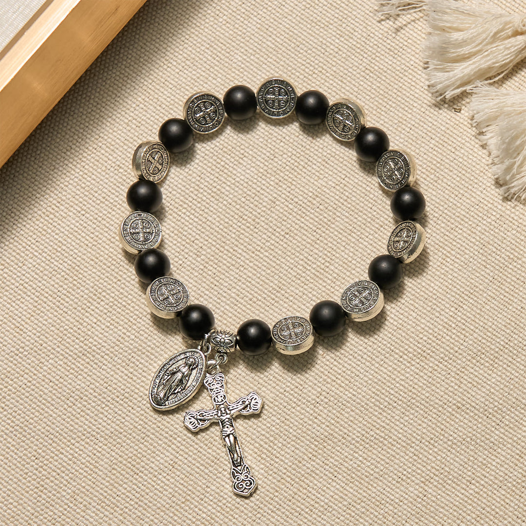 Armband aus natürlichem schwarzem Achat von Christianartworkshop mit St.-Benedikt-Medaille und Anhänger der Jungfrau Maria: Divine Faith Artistry - Schwarzer Achat - image 0