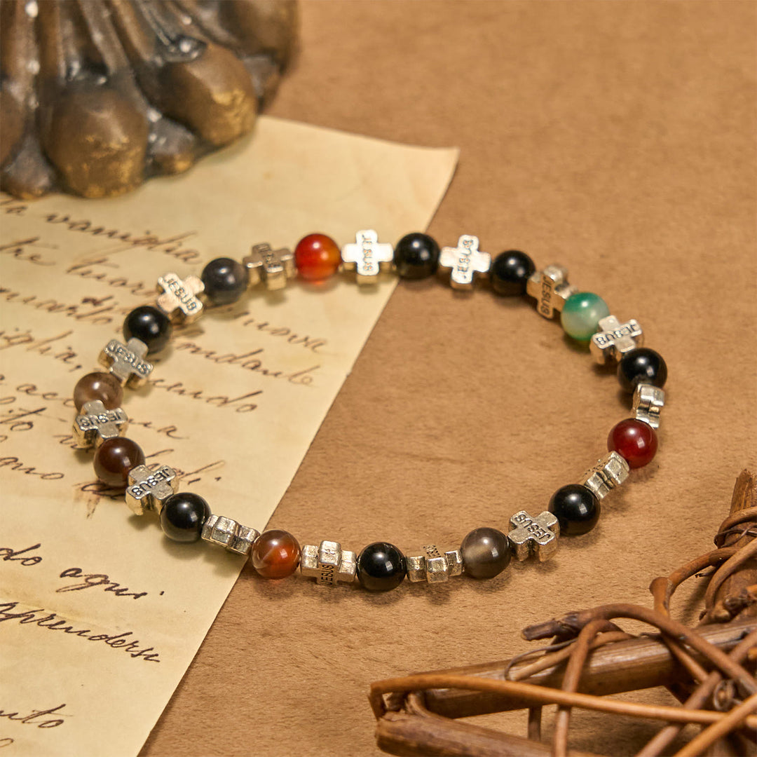 Christianartworkshop Armband aus natürlichem, mehrfarbigem Achat mit zweifarbigem Jesuskreuz: Mutiges Glaubensbekenntnis - Silber - image 1