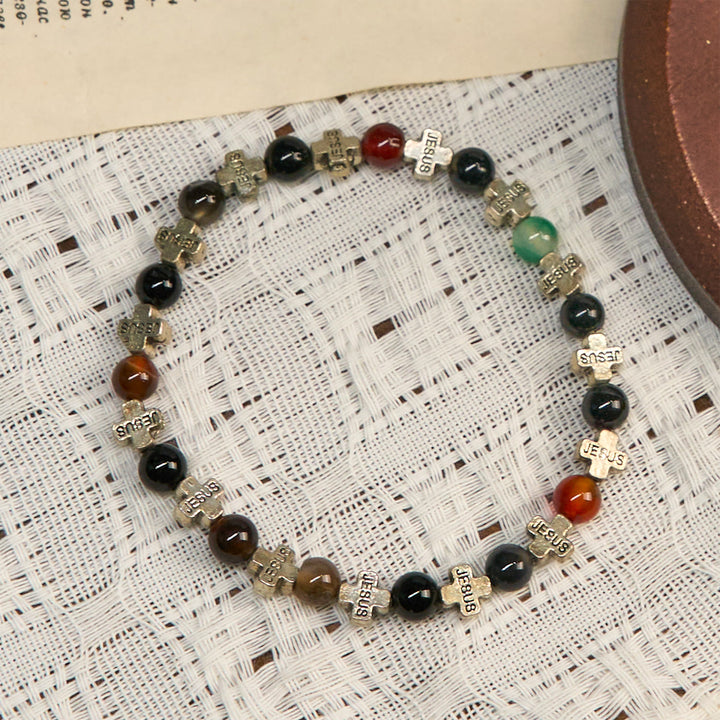 Christianartworkshop Armband aus natürlichem, mehrfarbigem Achat mit zweifarbigem Jesuskreuz: Mutiges Glaubensbekenntnis - image 3