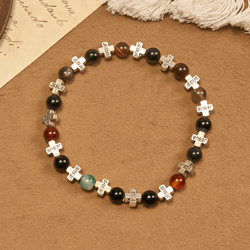 Christianartworkshop Armband aus natürlichem, mehrfarbigem Achat mit zweifarbigem Jesuskreuz: Mutiges Glaubensbekenntnis - image 2