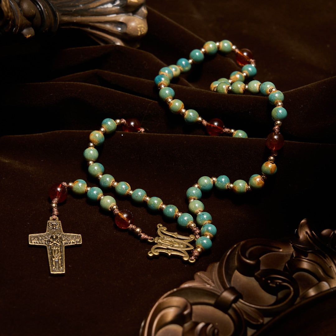 Christianartworkshop Handgefertigter Rosenkranz aus grüner Keramik mit Wundertätiger Medaille und Bernsteinperlen: Fühlen Sie anmutigen Glauben - image 6