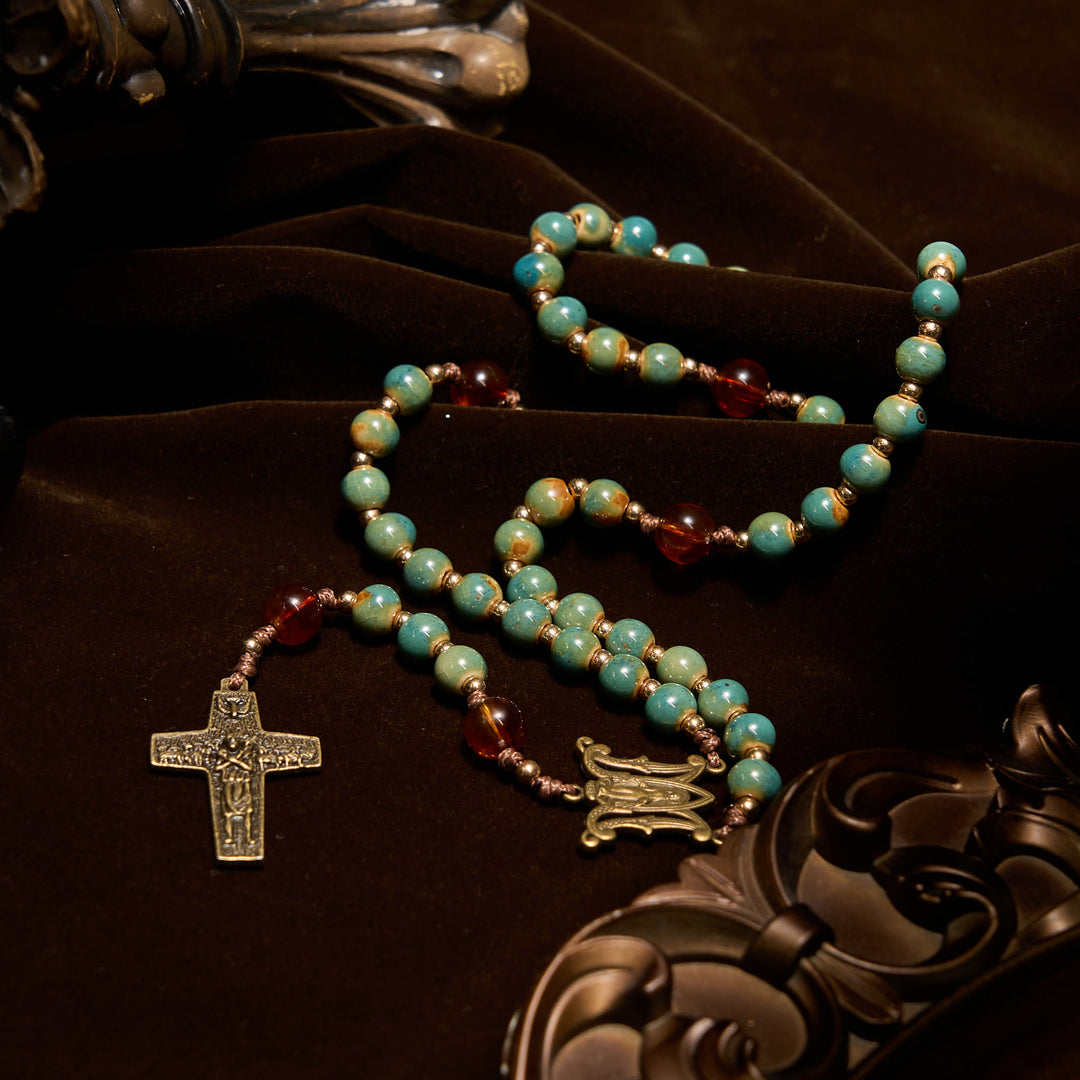 Christianartworkshop Handgefertigter Rosenkranz aus grüner Keramik mit Wundertätiger Medaille und Bernsteinperlen: Fühlen Sie anmutigen Glauben - image 7