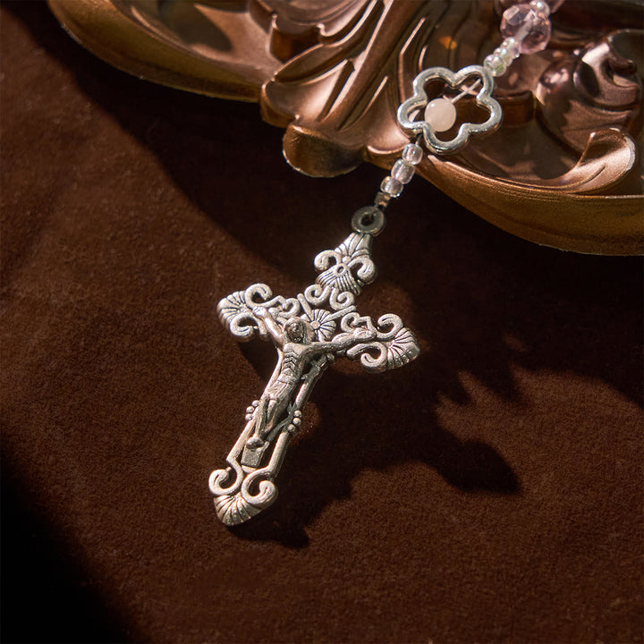 Christianartworkshop Jesus ist das Geschenk: Handgefertigter, eleganter Rosenkranz aus rosa Kristall mit 3D-Rosenperlen mit Geschenkkarte - image 10