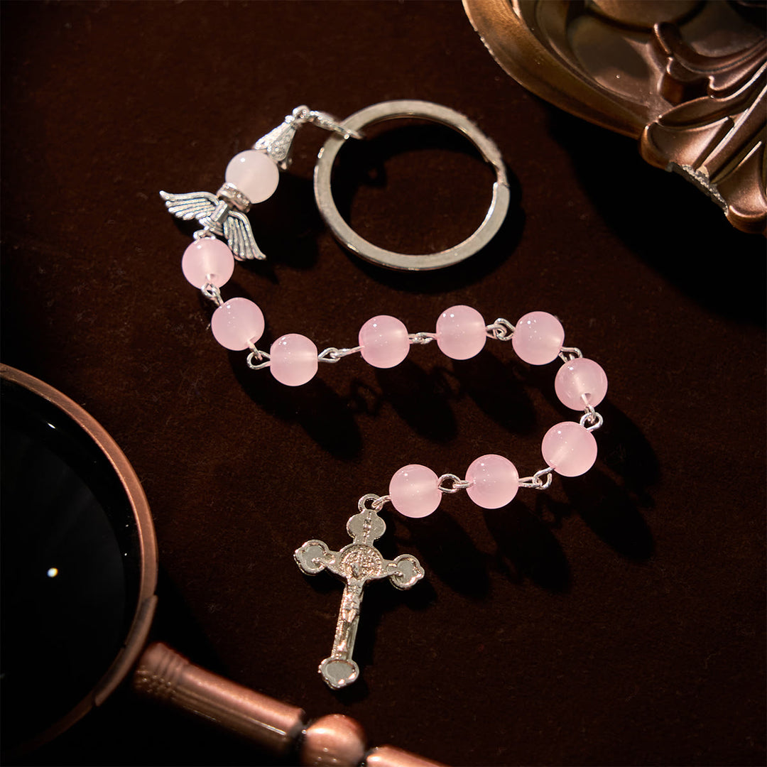 Christianartworkshop Multifunktionaler dreifarbiger Edelstein-Schlüsselanhänger und Taschenrosenkranz mit Engelsflügel - image 9