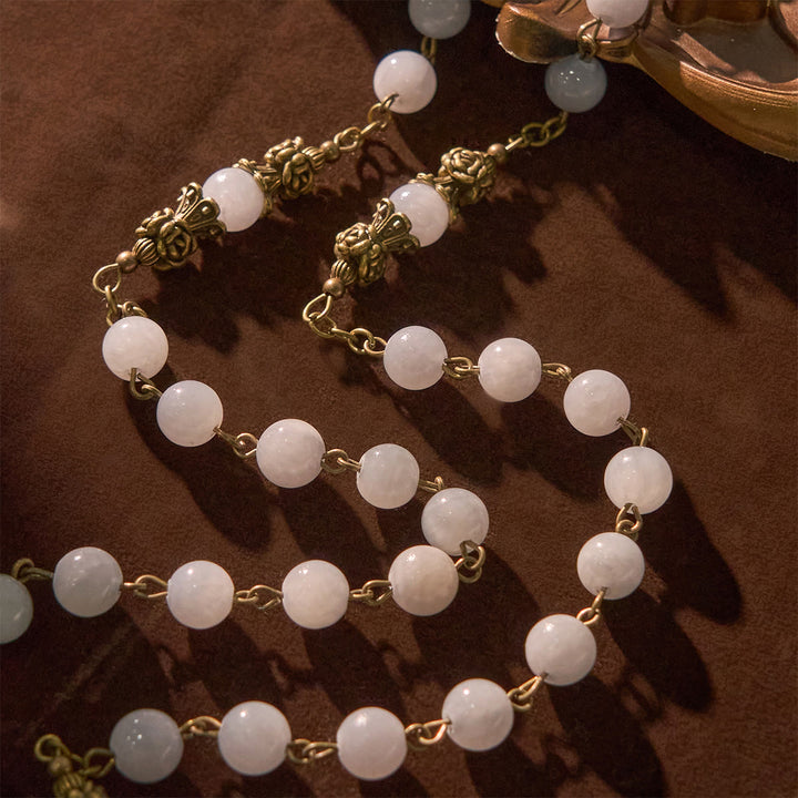 Christianartworkshop GEBETSVOLLER GLAUBE: Handgefertigter Rosenkranz mit hellblauen Jadeperlen und Messing mit Geschenkkarte - image 9