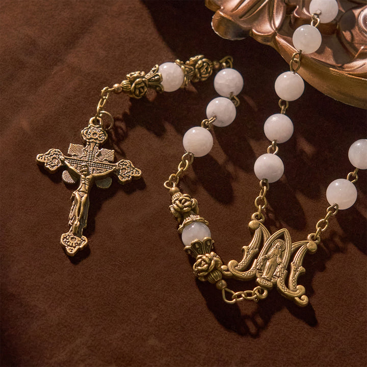 Christianartworkshop GEBETSVOLLER GLAUBE: Handgefertigter Rosenkranz mit hellblauen Jadeperlen und Messing mit Geschenkkarte - image 8