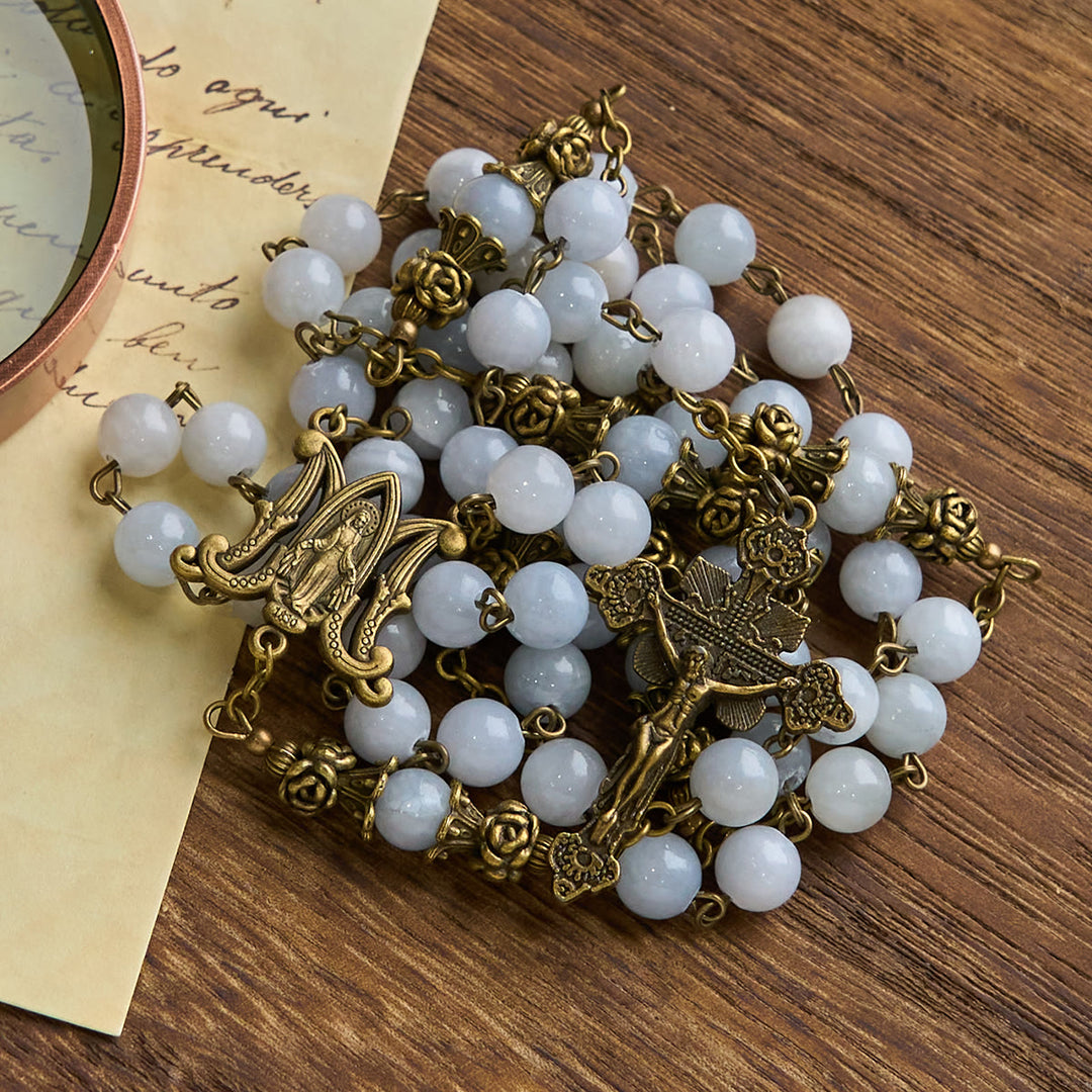 Christianartworkshop GEBETSVOLLER GLAUBE: Handgefertigter Rosenkranz mit hellblauen Jadeperlen und Messing mit Geschenkkarte - image 11