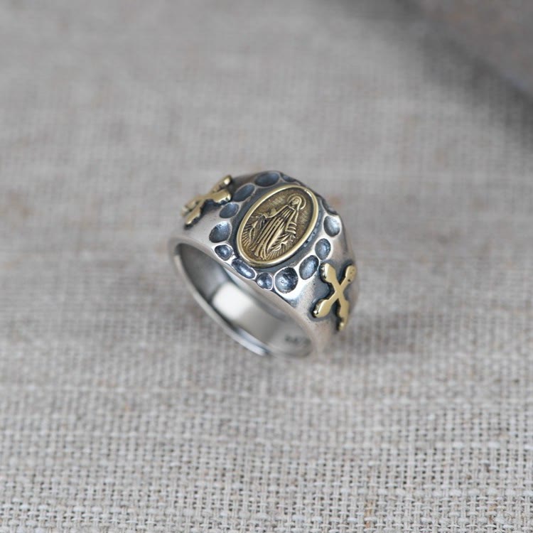 Christianartworkshop 925 Sterling Silber Retro-Stil Jungfrau Maria Segensabzeichen Religiöser Ring - image 2