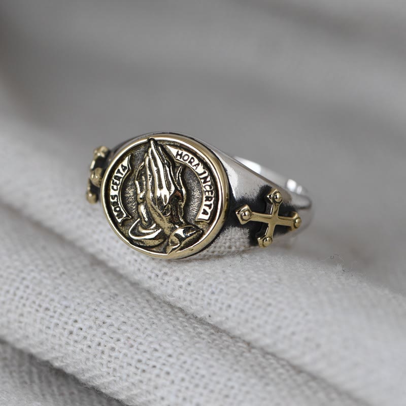 Christianartworkshop Ring aus 925er Sterlingsilber im Vintage-Stil mit kunstvoll geschnitzten betenden Händen - Golden - image 0