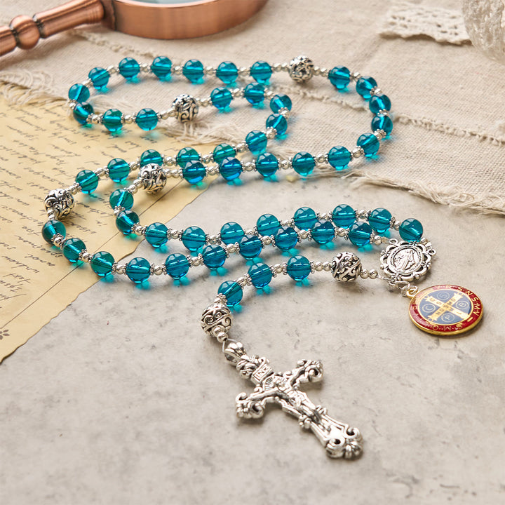 Christianartworkshop Handgefertigter Rosenkranz aus klarem blauem Glas mit Kruzifix und emaillierter St. Benedikt- und Wundertätiger-Medaille - image 3