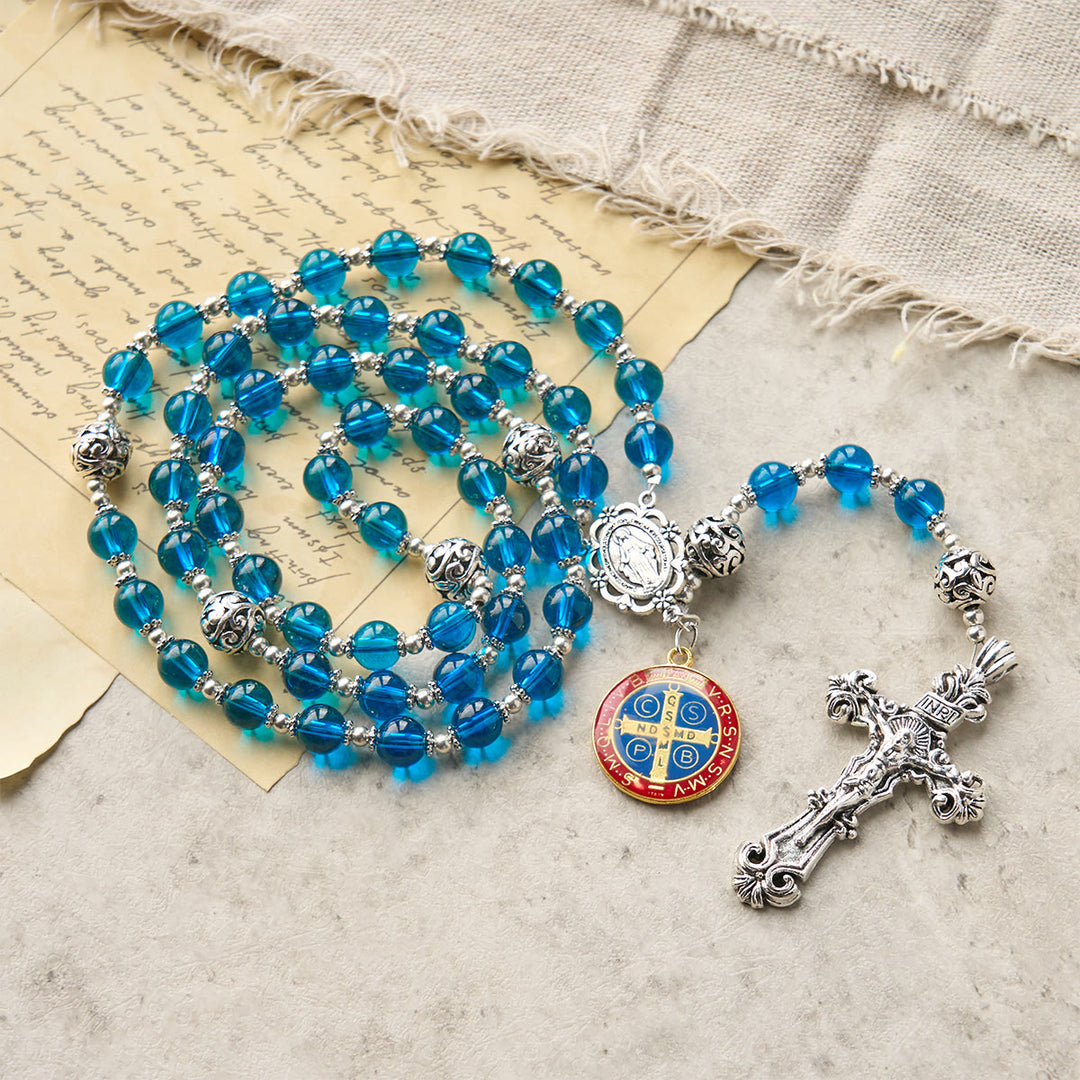 Christianartworkshop Handgefertigter Rosenkranz aus klarem blauem Glas mit Kruzifix und emaillierter St. Benedikt- und Wundertätiger-Medaille - Blau - image 1