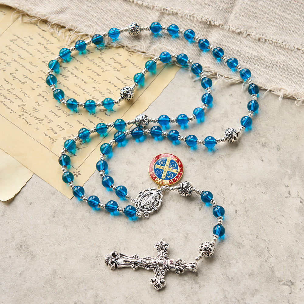 Christianartworkshop Handgefertigter Rosenkranz aus klarem blauem Glas mit Kruzifix und emaillierter St. Benedikt- und Wundertätiger-Medaille - image 2