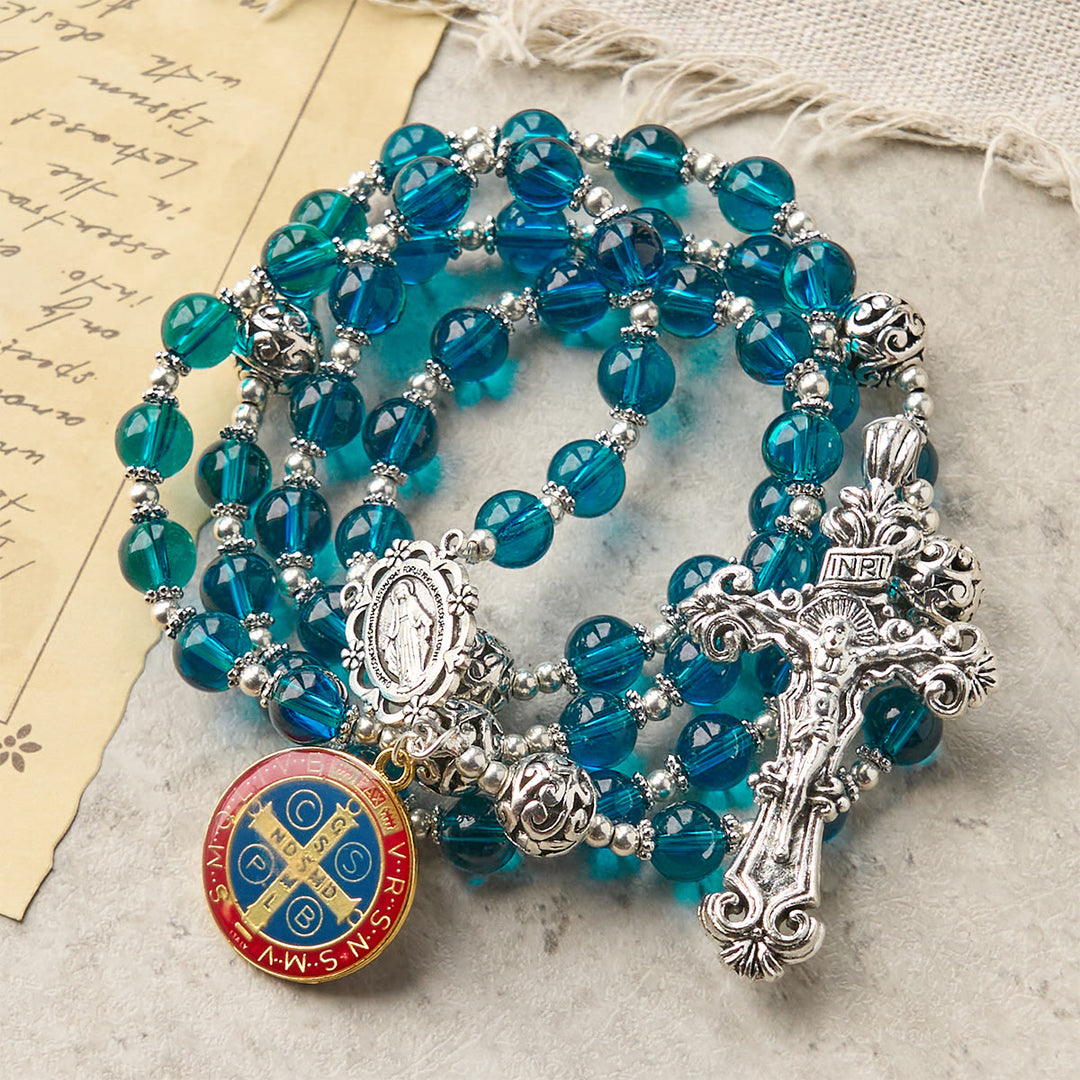 Christianartworkshop Handgefertigter Rosenkranz aus klarem blauem Glas mit Kruzifix und emaillierter St. Benedikt- und Wundertätiger-Medaille - image 5