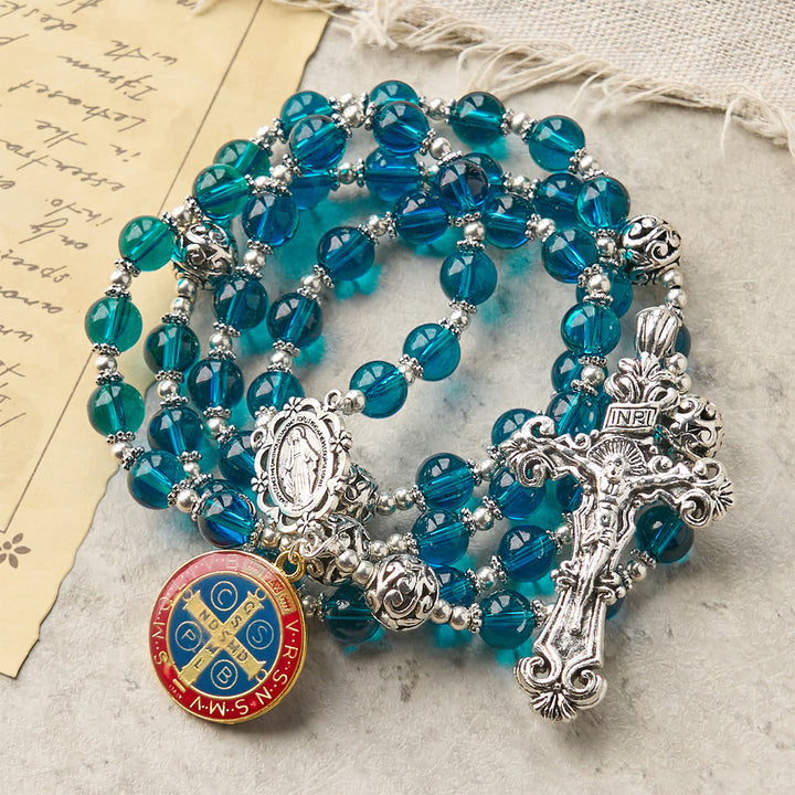 Christianartworkshop Handgefertigter Rosenkranz aus klarem blauem Glas mit Kruzifix und emaillierter St. Benedikt- und Wundertätiger-Medaille - image 5