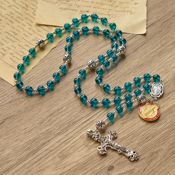 Christianartworkshop Handgefertigter Rosenkranz aus klarem, blauem Glas mit Kruzifix, emaillierter St.-Benedikt-Figur und Wundermedaille - image 7