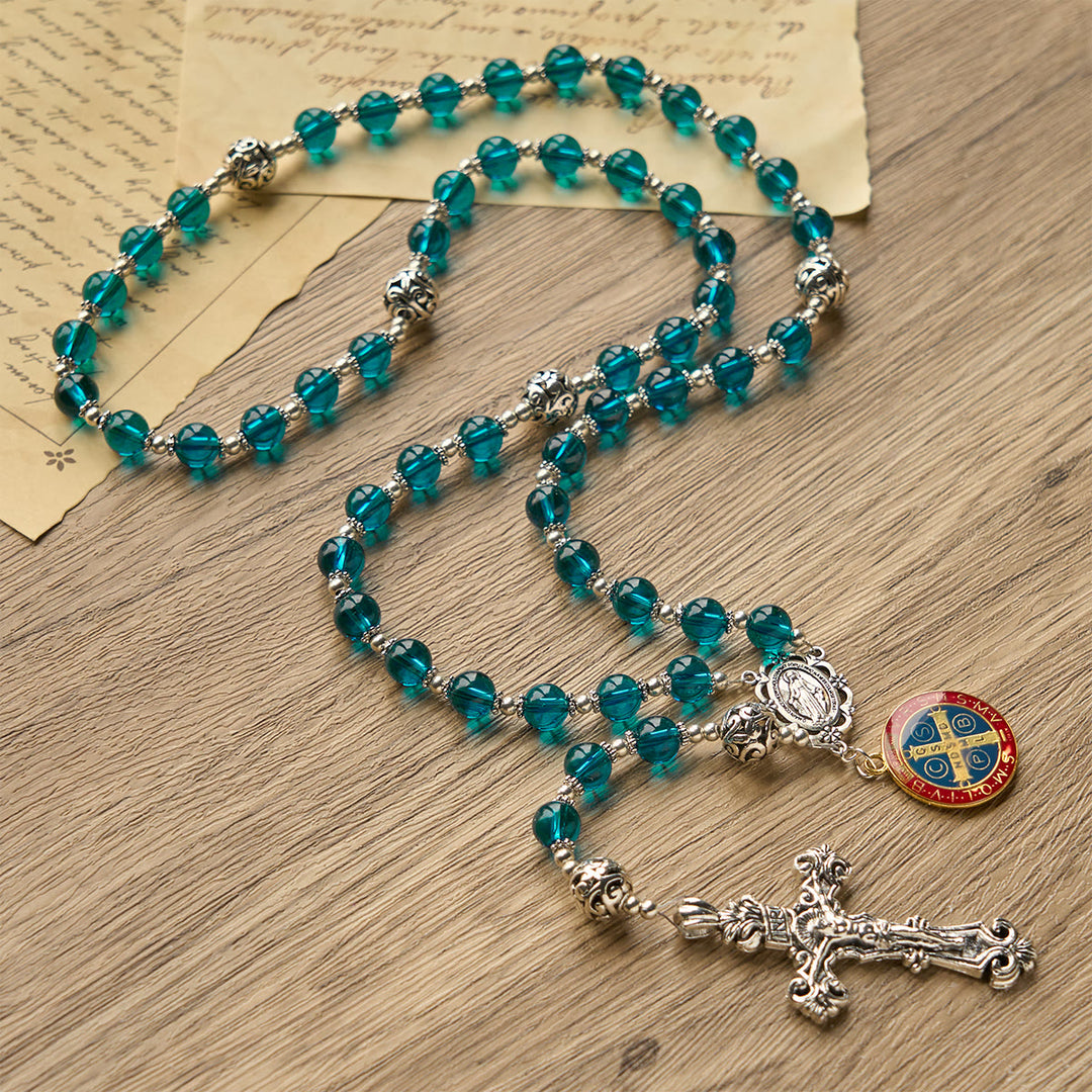 Christianartworkshop Handgefertigter Rosenkranz aus klarem, blauem Glas mit Kruzifix, emaillierter St.-Benedikt-Figur und Wundermedaille - image 6