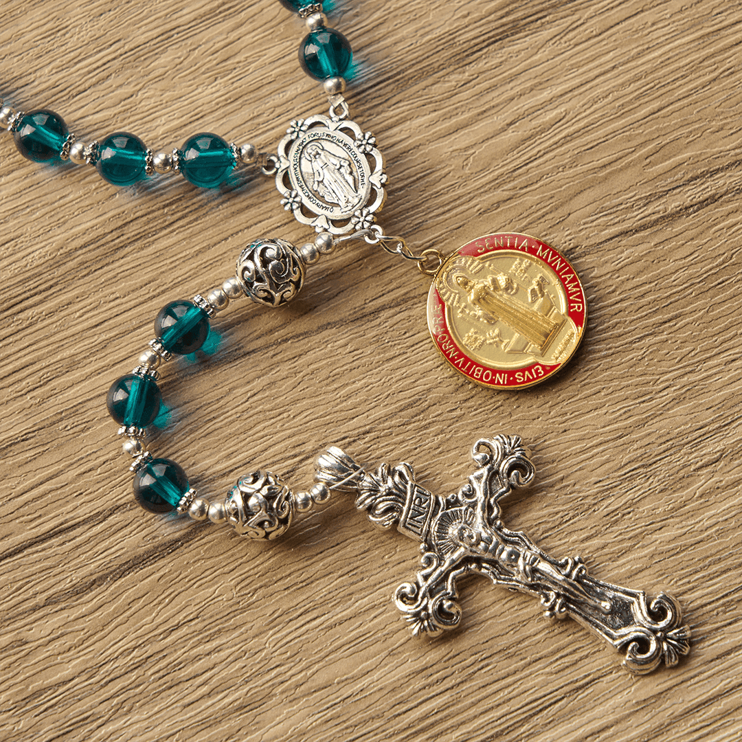 Christianartworkshop Handgefertigter Rosenkranz aus klarem blauem Glas mit Kruzifix und emaillierter St. Benedikt- und Wundertätiger-Medaille - image 9