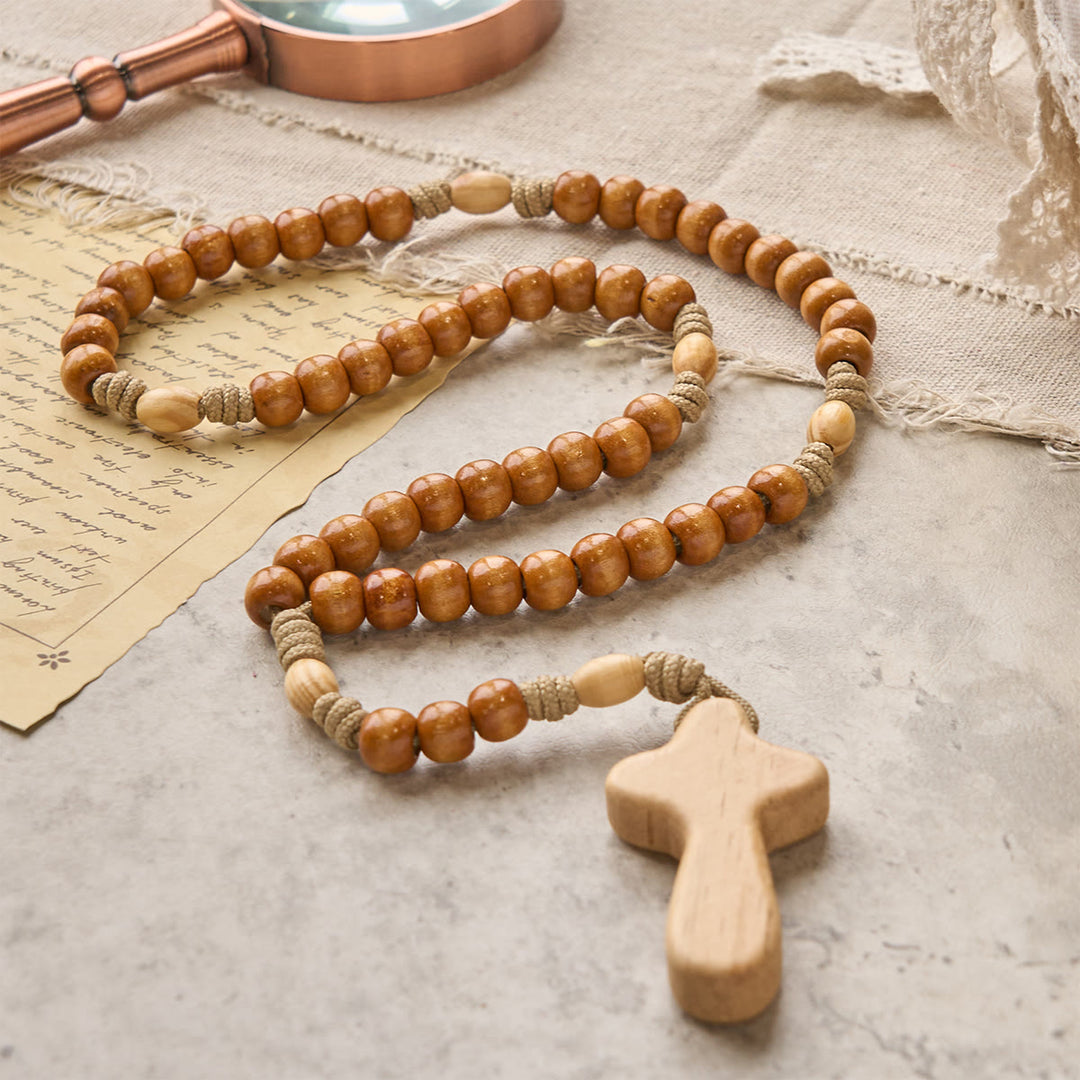 Christianartworkshop GEBETSVOLLER GLAUBE: Handgefertigter minimalistischer Rosenkranz aus Olivenholz mit Geschenkkarte - image 7
