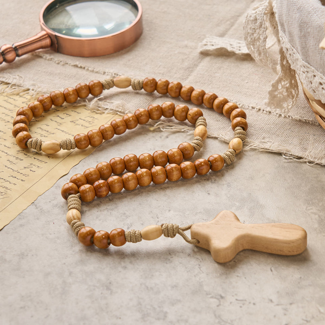 Christianartworkshop GEBETSVOLLER GLAUBE: Handgefertigter minimalistischer Rosenkranz aus Olivenholz mit Geschenkkarte - image 6
