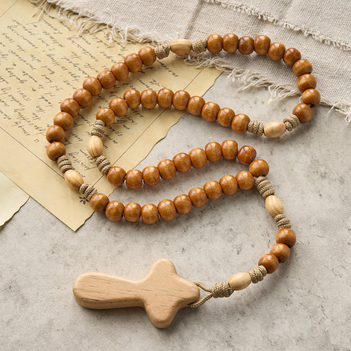 Christianartworkshop GEBETSVOLLER GLAUBE: Handgefertigter minimalistischer Rosenkranz aus Olivenholz mit Geschenkkarte - image 5
