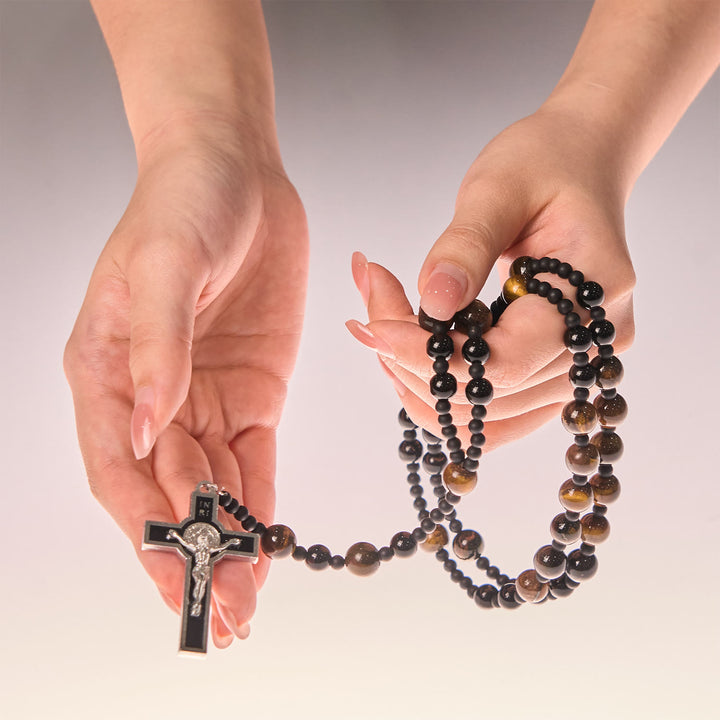 Christianartworkshop Rosenkranz aus Tigerauge-Steinperlen, 10 mm, mit schwarzem Emaille-Kruzifix: Umarme die erdige Heiligkeit - image 9