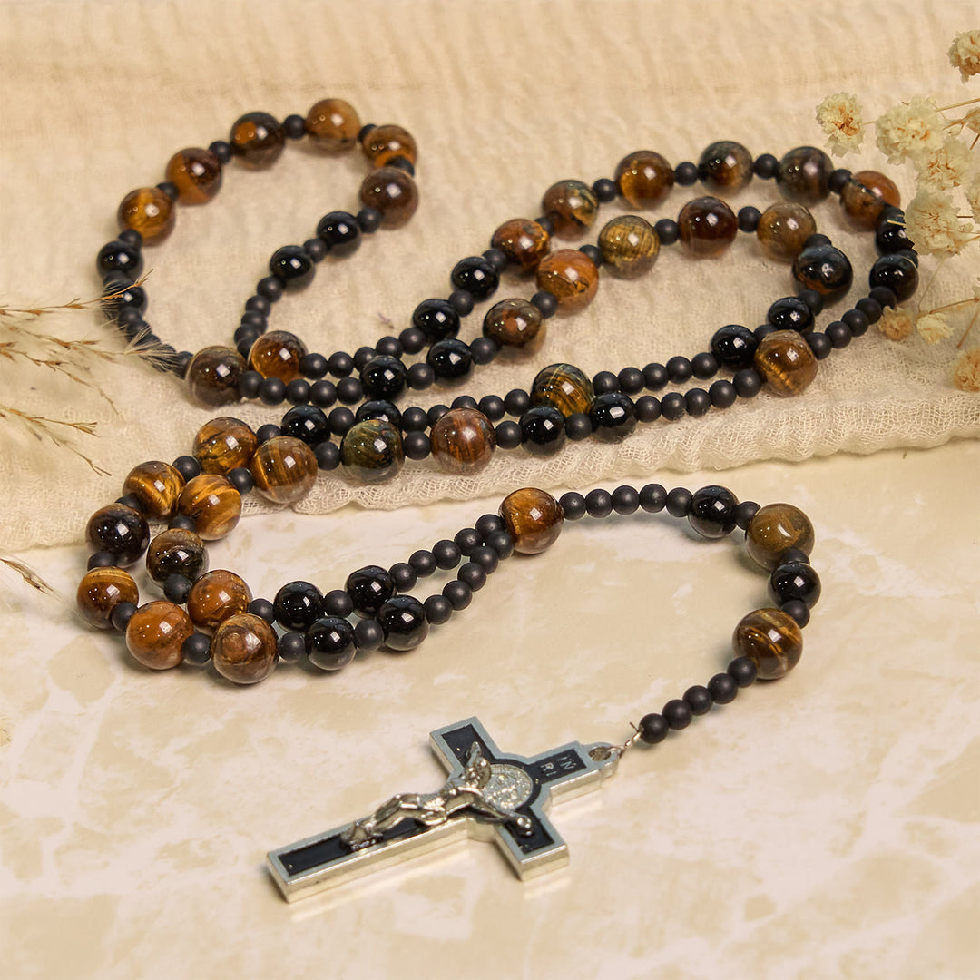 Christianartworkshop Rosenkranz aus Tigerauge-Steinperlen, 10 mm, mit schwarzem Emaille-Kruzifix: Umarme die erdige Heiligkeit - image 6