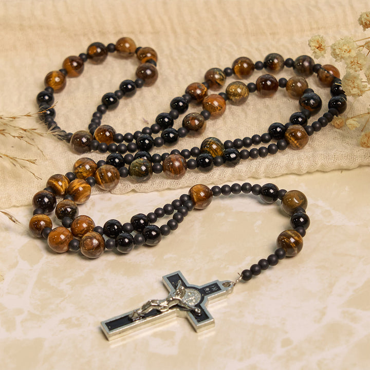 Christianartworkshop Rosenkranz aus Tigerauge-Steinperlen, 10 mm, mit schwarzem Emaille-Kruzifix: Umarme die erdige Heiligkeit - image 6